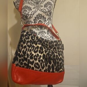 COACH Parker Ocelot Print Hobo Bag F23266 Black Red Multi Nylon & Leather